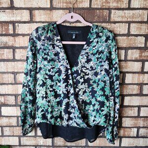 White House Black Market Blouse Black Green Silk Burnout Long Sleeve Blouse XS